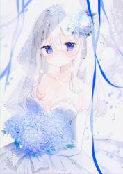 Rule 34 | 1girl, absurdres, bare shoulders, blush, bouquet, breasts, cleavage, closed mouth, collarbone, commentary request, dress, elbow gloves, flower, gloves, hair between eyes, highres, holding, holding bouquet, hydrangea, kotamun, long hair, looking at viewer, original, purple eyes, see-through, smile, solo, strapless, strapless dress, veil, wedding dress, white dress, white flower, white gloves, white hair