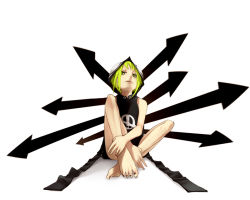 Rule 34 | 00s, 1girl, arrow (symbol), bare legs, barefoot, corruption, cosplay, dark persona, feet, full body, green hair, hood, hooded sweater, long sleeves, looking at viewer, medusa gorgon, medusa gorgon (cosplay), official alternate costume, official alternate hair color, possessed, possession, rachel boyd, red eyes, short hair, simple background, sitting, solo, soul eater, sweater, toes, white background, yama