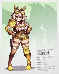 1girl arm_armor armor backpack bag blush boots breasts brown_footwear brown_gloves character_name character_profile cleavage corset double-parted_bangs english_text full_body gears gloves goggles goggles_on_head gradient_background green_background hands_on_own_hips hazel_(scarlet_record) highres huge_breasts leg_armor looking_at_viewer monocle monocle_chain over-kneehighs red_ribbon ribbon richter_h scarlet_record short_hair shorts shoulder_armor silhouette socks solo standing thick_thighs thigh_strap thighhighs thighs white_background white_hair white_socks yellow_eyes yellow_shorts zettai_ryouiki