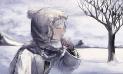 Rule 34 | absurdres, ambiguous gender, bird, blush, breath, choppy bangs, closed eyes, cloud, cloudy sky, fangs, from side, grey hair, grey scarf, happy, highres, ill 0619, mittens, mountain, multicolored hair, nose blush, open mouth, original, profile, scarf, scenery, sky, snow, solo, tree, upper body, winter, winter clothes