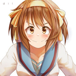 Rule 34 | 1girl, absurdres, artist name, blue sailor collar, blush, bob cut, brown eyes, brown hair, closed mouth, collarbone, commentary request, dilan griz, hair ribbon, hairband, highres, kita high school uniform, long sleeves, looking at viewer, medium hair, portrait, ribbon, sailor collar, school uniform, serafuku, simple background, smile, solo, spanish commentary, suzumiya haruhi, suzumiya haruhi no yuuutsu, watermark, white background, winter uniform, yellow hairband, yellow ribbon