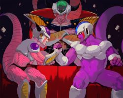 Rule 34 | 3boys, arm wrestling, armor, black background, brothers, cooler (dragon ball), crossed arms, dragon ball, dragonball z, elbows on table, evil smile, eye contact, closed eyes, father and son, fingernails, floating rock, frieza, frown, highres, horns, king cold, looking at another, male focus, mayo cha, multiple boys, open mouth, red eyes, rock, siblings, simple background, sitting, smile, sweatdrop, tail