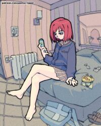 Rule 34 | 1girl, barefoot, bed, cigarette, condom, flcl, highres, mirror, money, on bed, pantsu-ripper, prostitution, samejima mamimi, used condom
