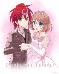Rule 34 | 10s, 1boy, 1girl, artist request, blue eyes, bride, brown hair, cardfight!! vanguard, cardfight!! vanguard g, dress, elbow gloves, gloves, green eyes, looking at viewer, red hair, sendou emi, shindou chrono, short hair, smile, tagme, text focus, tiara, voice actor connection, wedding, wedding dress