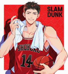 Rule 34 | 1boy, ball, basketball (object), basketball jersey, basketball uniform, black eyes, black hair, carrying, carrying under arm, copyright name, drop shadow, drying, drying body, highres, holding, holding ball, holding towel, looking at viewer, male focus, mitsui hisashi, red background, red tank top, scar, scar on chin, scar on face, short hair, slam dunk (series), smile, solo, sportswear, sweat, tank top, toned, toned male, towel, towel around neck, upper body, white towel, wire fence, xktnjrxgvdrd3hy
