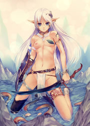 Rule 34 | 1girl, ankle wrap, armlet, barefoot, belt, belt skirt, blue eyes, breasts, cape, earrings, elf, gloves, groin, hair ornament, holding, jewelry, kirishima satoshi, kneeling, leaf bikini, loincloth, long hair, looking at viewer, nipples, no panties, original, parted lips, pelvic curtain, pointy ears, see-through, shield, single earring, single glove, small breasts, smile, solo, sword, tentacles, topless, water, weapon, white hair