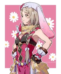 Rule 34 | 1girl, 91007, animal hat, blonde hair, braid, braided ponytail, brown gloves, easter, expressive clothes, fire emblem, fire emblem engage, fire emblem heroes, flower ornament, framme (fire emblem), framme (spring) (fire emblem), gloves, hair over shoulder, hat, highres, nintendo, official alternate costume, pelvic curtain, rabbit hat, scarf, yellow eyes, yellow scarf