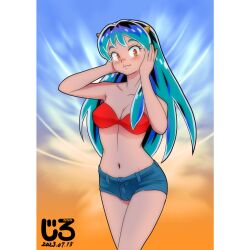 Rule 34 | 1girl, absurdres, artist logo, bikini, bikini top only, blue background, blue hair, blush, breasts, cleavage, collarbone, cone horns, dated, denim, denim shorts, eyelashes, gradient background, hands on own head, highres, horns, jirohhb, long hair, looking at viewer, lum, midriff, navel, red bikini, red eyes, short shorts, shorts, solo, standing, swimsuit, urusei yatsura, yellow background