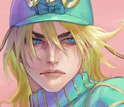 Rule 34 | 1boy, argyle, argyle clothes, argyle sweater, blonde hair, blue eyes, blue hat, blue sweater, closed mouth, commentary request, diego brando, hat, jojo no kimyou na bouken, lips, long hair, looking away, male focus, oniyanagi, pink background, portrait, simple background, slit pupils, solo, steel ball run, sweater, turtleneck, turtleneck sweater