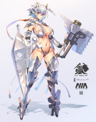 Rule 34 | 1girl, armor, bikini armor, breasts, closed mouth, commentary request, full body, gradient background, grey background, hammer, highres, holding, holding hammer, holding shield, holding weapon, large breasts, looking at viewer, navel, original, pink eyes, shadow, shield, solo, standing, takamine nadare, weapon, white hair
