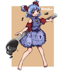 Rule 34 | 1girl, bare legs, barefoot, beige background, blue dress, blue hair, border, brown background, commentary request, curly hair, detached sleeves, dress, earrings, eye print, full body, highres, horizontal pupils, horn ornament, horn ribbon, horns, jewelry, meandros, oil, one-hour drawing challenge, oversized object, patterned clothing, pointy ears, rectangular pupils, red eyes, red horns, red sleeves, renshirenji, ribbon, sharp teeth, sheep horns, spoon, teeth, toes, touhou, toutetsu yuuma, utensil, white border