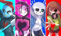 1girl 1other 2boys :d android aqua_background aqua_eyes armor black_armor black_blood black_mouth black_sclera blood bloody_tears blue_background blue_jacket blue_skin bob_cut bone brown_hair brown_shorts bubble chara_(undertale) collared_shirt colored_inner_hair colored_sclera colored_skin column_lineup cowboy_shot drawstring fins green_sweater grey_hood grin hashtag-only_commentary head_fins heart highres holding holding_polearm holding_weapon hollow_eyes hood hood_down hooded_jacket jacket long_sleeves looking_at_viewer mettaton mettaton_neo multicolored_hair multiple_boys nano_mochi open_clothes open_jacket open_mouth pink_background pink_eyes pink_hair polearm ponytail red_background red_eyes red_hair sans_(undertale) sharp_teeth shirt short_hair shorts simple_background skeleton smile sparkle spear striped_clothes striped_sweater sweater teeth two-tone_hair two-tone_sweater undertale undyne undyne_the_undying upper_body v-shaped_eyebrows weapon white_eyes white_shirt yellow_sweater yellow_teeth