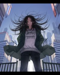 Rule 34 | 1girl, black eyes, black hair, blue sky, building, city, clothes writing, coat, cowboy shot, day, denim, fence, green coat, hands in pockets, highres, jeans, kaneni, letterboxed, long hair, long sleeves, looking at viewer, original, outdoors, pants, parted bangs, parted lips, sky, skyscraper, smile, solo, standing, sweater, wind