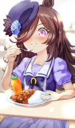 Rule 34 | 1girl, animal ears, arm up, blue flower, blue hat, blurry, blurry background, blush, bow, bowtie, brown hair, cafeteria, carrot, commentary, cowboy shot, curry, curry rice, dress, eating, flower, food, hair over one eye, happy, hat, hat flower, hat over one eye, highres, holding, holding spoon, horse ears, horse girl, horseshoe ornament, indoors, long hair, one eye covered, pleated skirt, puffy short sleeves, puffy sleeves, purple bow, purple bowtie, purple dress, purple eyes, purple shirt, purple skirt, rice, rice shower (umamusume), school uniform, shirt, short sleeves, sitting, skirt, smile, solo, sparkling eyes, spoon, swept bangs, table, tracen school uniform, uenoryoma, umamusume