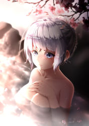 Rule 34 | 1girl, azur lane, blush, breasts, chahei, cherry blossoms, flower, hand on own chest, highres, illustrious (azur lane), large breasts, mole, mole under eye, nude, onsen, partially submerged, silver hair, water