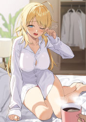 Rule 34 | 1girl, ahoge, barefoot, bed, bed sheet, bedroom, blonde hair, blue eyes, blurry, blurry background, blush, breasts, button gap, cleavage, closet, coffee cup, cup, disposable cup, foot out of frame, goumudan, hachimiya meguru, hair down, highres, idolmaster, idolmaster shiny colors, lamp, large breasts, long hair, long sleeves, messy hair, naked shirt, no pants, on bed, one eye closed, open mouth, pillow, plant, pov, raised eyebrows, rubbing eyes, shirt, sitting, sleeping, solo focus, steam, tears, thighs, waking up, white shirt, yokozuwari