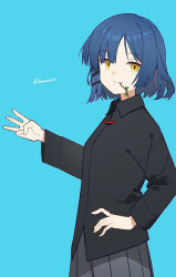 Rule 34 | 1girl, black shirt, blue background, blue hair, bocchi the rock!, closed mouth, collared shirt, commentary, grey skirt, hanamoto410, highres, long sleeves, mole, mole under eye, mouth hold, pleated skirt, shirt, short hair, simple background, skirt, smile, solo, twitter username, upper body, yamada ryo, yellow eyes