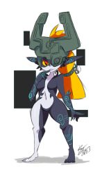 Rule 34 | 1girl, bad id, bad tumblr id, bigdead, breasts, colored sclera, finger to mouth, full body, helmet, highres, long hair, midna, navel, neon trim, nintendo, no nipples, no pussy, nude, one eye covered, orange hair, pointy ears, red eyes, small breasts, solo, standing, the legend of zelda, the legend of zelda: twilight princess, yellow sclera