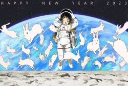 Rule 34 | 1girl, 2023, animal, astronaut, backpack, bag, belt, closed eyes, earth (planet), full body, happy new year, helmet, highres, jumping, moon, moon rabbit, new year, open mouth, original, planet, rabbit, shiki haru, sky, space, space helmet, spacesuit, star (sky), starry sky, strap, unworn headwear, unworn helmet