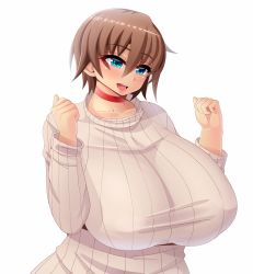 Rule 34 | 1girl, aki-san 94, blue eyes, breasts, brown hair, choker, collarbone, female focus, gigantic breasts, highres, open mouth, original, plump, ribbed sweater, short hair, simple background, solo, standing, sweater, upper body, white background