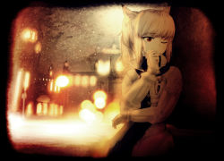 Rule 34 | 1girl, animal ears, bloom, blurry, cat ears, depth of field, final fantasy, final fantasy xiv, glowing, hand to own mouth, jacket, lights, limited palette, long hair, looking to the side, miqo&#039;te, one eye closed, ponytail, red eyes, snow, snowing, solo, town, vignetting, wall, white hair, yoshioka yoshiko