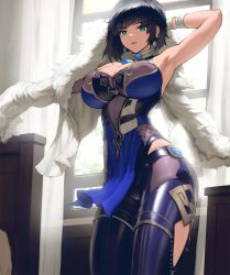 Rule 34 | 1girl, arm behind head, armpits, breasts, curvy, genshin impact, green eyes, highres, indoors, infi, jacket, large breasts, mole, mole on breast, short hair, solo, thick thighs, thighs, tight clothes, window, yelan (genshin impact)