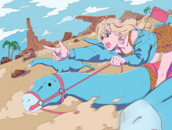 ahoge animal_print bag blonde_hair blue_eyes blue_jacket dinosaur dinosaur_(gal_to_kyouryuu) dress earrings fingernails fred_flintstone gal_to_kyouryuu gyaru handbag hoop_earrings i_do_anime jacket jewelry kaede_(gal_to_kyouryuu) leopard_print long_fingernails long_hair long_sleeves nail_polish open_mouth outdoors pink_bag pink_nails pointing pointing_to_the_side riding riding_animal short_dress sleeveless sleeveless_dress the_flintstones