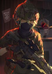 Rule 34 | 1girl, 1other, ar-15, black mask, blonde hair, blue eyes, brown gloves, camouflage, camouflage gloves, camouflage jacket, combat helmet, commentary, ear protection, english commentary, english text, eyes visible through eyewear, glasses, gloves, gun, hair between eyes, handgun, helmet, highres, holding, holding weapon, holster, indoors, jacket, looking at viewer, magazine (object), mask, medium hair, microphone, mouth mask, neck warmer, optical sight, original, paperboathat, bulletproof vest, pov, pov hands, rifle, sleeves rolled up, solo focus, speech bubble, suppressor, tinted eyewear, trigger discipline, twitter username, upper body, watch, weapon, yellow-tinted eyewear