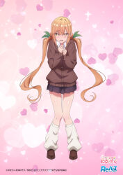 Rule 34 | 1girl, black skirt, blush, brown cardigan, brown footwear, cardigan, collared shirt, commentary request, copyright name, copyright notice, full body, green ribbon, hair ribbon, hands up, heart, heart background, inda karane, kimi no koto ga dai dai dai dai daisuki na 100-nin no kanojo, knees together feet apart, loafers, long hair, looking at viewer, loose socks, official art, orange hair, own hands together, parted lips, pink background, pleated skirt, ribbon, school uniform, shirt, shoes, skirt, socks, solo, standing, twintails, white shirt, white socks, yellow eyes