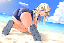 Rule 34 | 10s, 1girl, all fours, ass, bad id, bad pixiv id, blonde hair, blue eyes, crop top, flower, hair flower, hair ornament, highres, kantai collection, long hair, one-piece swimsuit, ro-500 (kancolle), sailor collar, school swimsuit, solo, swimsuit, swimsuit under clothes, tan, tanline, tomo (tomojo 8)