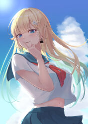 Rule 34 | 1girl, absurdres, aizawa ema, aqua hair, blonde hair, blue eyes, blue sailor collar, blue skirt, blue sky, breasts, cat earrings, cloud, commission, gradient hair, hair ornament, hairpin, highres, index finger raised, large breasts, long hair, looking at viewer, miniskirt, multicolored hair, natuno minami, navel, neckerchief, parted lips, pleated skirt, red neckerchief, sailor collar, school uniform, serafuku, shirt, short hair, skeb commission, skirt, sky, smile, solo, summer, very long hair, virtual youtuber, vspo!, white shirt, wind