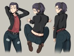 Rule 34 | ass, back, belt, black jacket, boots, brown footwear, closed mouth, denim, from behind, hairband, highres, holding own arm, jacket, jeans, jewelry, looking at viewer, multiple views, necklace, on floor, pants, purple hair, re:creators, red shirt, shirt, shirt tucked in, short hair, simple background, suruga shunma, thwwshark, torn clothes, torn jeans, torn legwear, torn pants