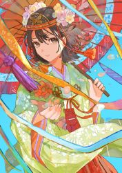 Rule 34 | 1girl, absurdres, blue background, brown eyes, brown hair, buchi (qooo003), closed mouth, commentary request, cowboy shot, flower, green kimono, hair flower, hair ornament, hakama, hakama skirt, haori, highres, holding, holding umbrella, japanese clothes, kimono, long sleeves, looking at viewer, miko, oil-paper umbrella, original, pink flower, reaching, reaching towards viewer, red skirt, red umbrella, short hair, simple background, skirt, solo, tassel, umbrella, white kimono, wide sleeves, yellow flower