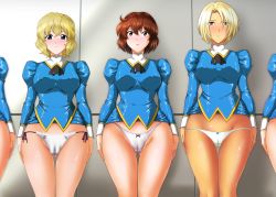 Rule 34 | 5girls, absurdres, agent aika, aika (series), ascot, black ascot, blonde hair, blue delmo, blue delmo leader, blue jacket, blue skirt, blush, bow, bow panties, breasts, catherine (agent aika), clothes lift, commentary request, covered erect nipples, crotch seam, curvy, delmo, delmogeny uniform, dress, embarrassed, highres, indoors, jacket, juliet sleeves, lace, lace-trimmed panties, lace panties, lace trim, lineup, long sleeves, m.i.y, medium breasts, multiple girls, panties, pencil skirt, puffy sleeves, red hair, short dress, short hair, side-tie panties, skirt, skirt lift, standing, take your pick, taut clothes, thong, underwear, uniform, valerie (agent aika), white panties, wide hips
