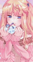 Rule 34 | 1girl, bare shoulders, blonde hair, blue eyes, blush, dress, eyebrows, eyelashes, gift, hair ornament, highres, holding, long hair, looking at viewer, macross, macross frontier, nail polish, pink dress, pink nails, sechi (stst1850), sheryl nome, smile, solo