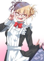 Rule 34 | 1girl, adjusting eyewear, alternate costume, apron, bespectacled, black dress, blunt bangs, boku no hero academia, bow, bowtie, bright pupils, buttons, clothes lift, collared dress, commentary, cowboy shot, double bun, dress, enmaided, fangs, fingernails, frilled apron, frilled dress, frills, glasses, gradient background, hair bun, hand up, highres, lifted by self, long sleeves, looking to the side, maid, maid apron, messy hair, open mouth, petticoat, pink background, red-framed eyewear, red bow, red bowtie, sharp fingernails, shinonome mozuku, skirt, skirt lift, sleeve cuffs, solo, teeth, toga himiko, tsurime, two-tone dress, upper body, white apron, white background, white dress, yellow eyes