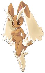 Rule 34 | 1girl, animal ears, black sclera, blush, breasts, colored sclera, creatures (company), female focus, full body, furry, furry female, game freak, gen 4 pokemon, highres, looking at viewer, lopunny, medium breasts, navel, nintendo, no nipples, oyatsu (mk2), pokemon, pokemon (creature), pokemon dppt, rabbit ears, rabbit tail, red eyes, simple background, solo, standing, tail, white background