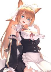 Rule 34 | 1girl, :d, ahoge, animal ears, apron, bare shoulders, bell, black dress, black skirt, blonde hair, blue eyes, blush, breasts, cat ears, cleavage, detached collar, detached sleeves, dress, fangs, hand up, highres, itaco, jingle bell, large breasts, long hair, long sleeves, looking at viewer, maid, maid apron, maid headdress, medium breasts, open mouth, original, shirt, simple background, skirt, smile, solo, underbust, very long hair, waist apron, white background, white shirt, wrist cuffs