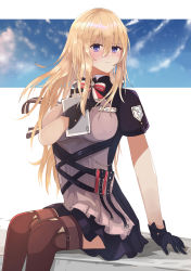 Rule 34 | 1girl, absurdres, azur lane, bismarck (azur lane), bismarck (iron black elysium) (azur lane), blonde hair, blush, boots, breasts, brown footwear, closed mouth, dress, feet out of frame, gloves, hane (feathe02), highres, holding, holding notepad, knee boots, long hair, looking at viewer, medium breasts, notepad, official alternate costume, purple eyes, purple gloves, simple background, sitting, solo