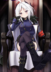 Rule 34 | 1girl, absurdres, ahoge, armband, black coat, black footwear, black gloves, black horns, black thighhighs, blue archive, boots, breasts, buttons, coat, coat on shoulders, demon horns, double-breasted, fur-trimmed coat, fur trim, gloves, halo, highres, hina (blue archive), horns, jiseki rena, large breasts, long hair, long sleeves, military uniform, multiple horns, parted bangs, purple eyes, sitting, solo, thighhighs, uniform, very long hair, white hair