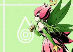 Rule 34 | 1girl, breasts, creature, dark eyes, digimon, digimon (creature), dress, fairy, fairy wings, flower, green background, hat, leaf, lilimon, monster girl, pale skin, pink dress, plant, pointing, pointing up, purity seal, skirt, small breasts, smile, vines, wings