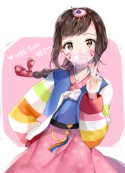 Rule 34 | 1girl, arm behind back, bad id, bad twitter id, braid, brown eyes, brown hair, blowing bubbles, chewing gum, commentary request, d.va (overwatch), facial mark, hair ornament, hanbok, heart, korean clothes, korean text, liby (libtnvd), looking at viewer, overwatch, overwatch 1, palanquin d.va, pink skirt, sidelocks, single braid, skirt, solo, swept bangs, upper body, v, whisker markings