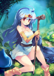 Rule 34 | 1girl, :d, :o, ahoge, ankle boots, bare shoulders, belt, blue hair, blush, boots, breasts, bubble slime, cape, circlet, cleavage, collarbone, dragon quest, dragon quest iii, dress, elbow gloves, fantasy, forest, gem, gloves, grass, hair between eyes, holding, large breasts, legs, long hair, looking at viewer, monster, nature, o o, on ground, open mouth, outdoors, red eyes, sage (dq3), short dress, sitting, slime (dragon quest), smile, square enix, staff, strapless, strapless dress, tokiame, tree, very long hair, white dress, yellow gloves