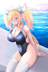 Rule 34 | 1girl, artist request, blonde hair, blue eyes, blush, breasts, cleavage, competition swimsuit, embarrassed, highleg, highleg leotard, highres, horns, kanna (minamozuki), large breasts, leotard, looking at viewer, one-piece swimsuit, onizaki kirara, sideboob, sitting, skindentation, solo, swimsuit, taimanin (series), taimanin rpgx, thighhighs, twintails, water, white thighhighs