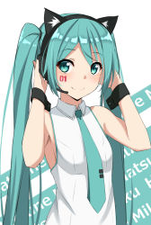 Rule 34 | 1girl, animal ear fluff, animal ear headphones, animal ears, bare shoulders, blush, breasts, cat ear headphones, cat ears, character name, closed mouth, collared shirt, commentary request, facial mark, fake animal ears, green background, green eyes, green hair, green necktie, hands on headphones, hands up, hatsune miku, headphones, headset, highres, kohakope, necktie, shirt, sleeveless, sleeveless shirt, small breasts, smile, solo, tie clip, two-tone background, upper body, vocaloid, white background, white shirt, wrist cuffs