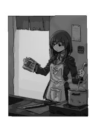 Rule 34 | 1girl, apron, bad id, blazer, book, border, closed mouth, collared shirt, cookbook, cooking, cooking pot, cutting board, grape print, greyscale, hamsterfragment, holding, holding book, holding ladle, indoors, jacket, jaggy lines, knife, ladle, long sleeves, lowres, medium hair, monochrome, motion lines, neck ribbon, noren, open book, original, paper, portable stove, print apron, ribbon, school uniform, shirt, skirt, solo, steam, suicidal girl (hamsterfragment)