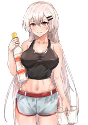 Rule 34 | 1girl, absurdres, black tank top, bottle, breasts, collarbone, cowboy shot, cup, drinking glass, girls&#039; frontline, grey eyes, grey hair, grey shorts, hair ornament, hairclip, highres, holding, holding bottle, holding cup, large breasts, long hair, muteppona hito, navel, shorts, simple background, solo, svd (girls&#039; frontline), tank top, very long hair, white background