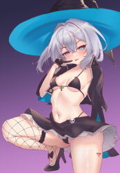 Rule 34 | 1girl, absurdres, azur lane, bikini, bikini top only, black bikini, black bow, black bowtie, black footwear, black gloves, black hat, black jacket, black panties, black skirt, blue eyes, blue hat, bow, bowtie, breasts, cropped jacket, cross, crossed bangs, dlinne, fishnet thighhighs, fishnets, frilled skirt, frills, gloves, gluteal fold, hat, heart, heart-shaped pupils, high heels, highleg, highleg panties, highres, jacket, jade (a good girl&#039;s magic) (azur lane), jade (azur lane), knee up, leg tattoo, looking at viewer, medium breasts, miniskirt, navel, official alternate costume, panties, parted lips, short hair, single thighhigh, skirt, solo, stomach, swimsuit, symbol-shaped pupils, tattoo, thighhighs, tongue, tongue out, two-tone hat, underwear, white hair, witch hat