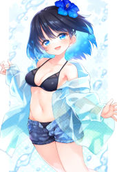Rule 34 | 1girl, :d, bare shoulders, bikini, bikini under clothes, black bikini, black hair, blue eyes, blue flower, blue hair, blue shorts, breasts, cleavage, collarbone, commentary, denim, denim shorts, english commentary, flower, hair between eyes, hair flower, hair ornament, head tilt, highres, hood, hood down, hooded jacket, jacket, kito (sorahate), long sleeves, looking at viewer, medium breasts, multicolored hair, navel, off shoulder, open clothes, open fly, open jacket, open mouth, open shorts, original, puffy long sleeves, puffy sleeves, see-through, short shorts, shorts, sleeves past wrists, smile, solo, swimsuit, two-tone hair