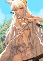 Rule 34 | 1girl, :/, absurdres, animal ear fluff, animal ears, arknights, arrow (projectile), bare shoulders, bikini, blunt bangs, bow (weapon), breasts, cowboy shot, criss-cross halter, crossbow, gold, halterneck, highres, horse ears, laurel crown, long hair, looking at viewer, midriff, molyb, official alternate costume, orange eyes, palm leaf, platinum (arknights), platinum (shimmering dew) (arknights), silver hair, small breasts, solo, standing, swimsuit, thighs, tropical, very long hair, weapon, white bikini